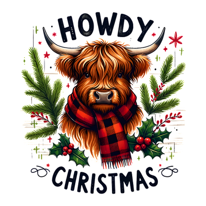 A cheerful illustration of a Highland cow wearing a red and black scarf, surrounded by festive greenery and holiday cheer. dtf prints