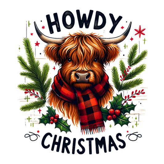 A cheerful illustration of a Highland cow wearing a red and black scarf, surrounded by festive greenery and holiday cheer. dtf prints