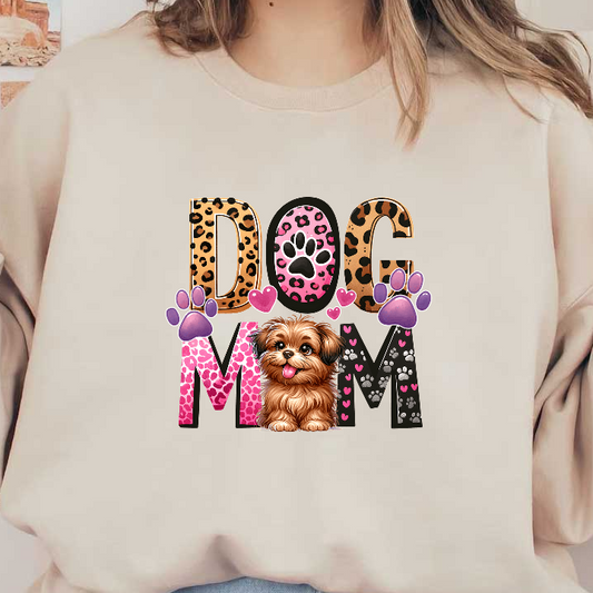 "Cute dog design with colorful paw prints and hearts on green background."DTF Transfers