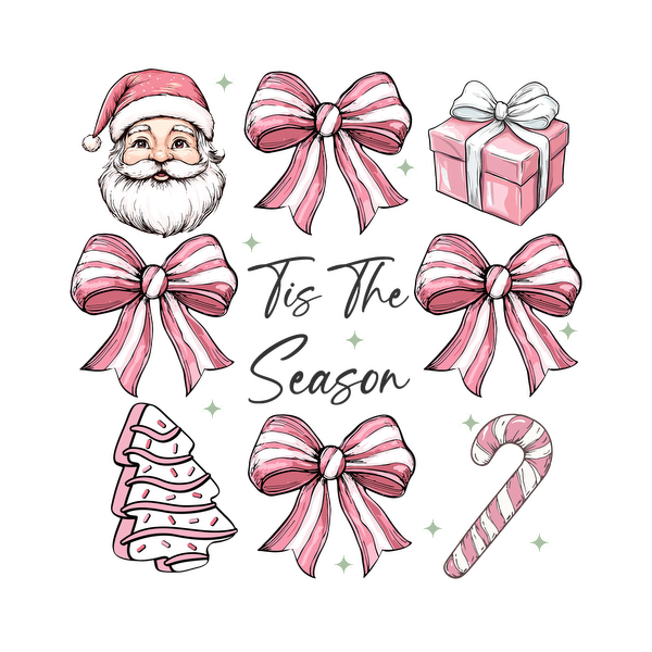 A festive collection featuring Santa, pink ribbons, a Christmas tree, candy canes, and a gift box with "Tis The Season" text. dtf transfers