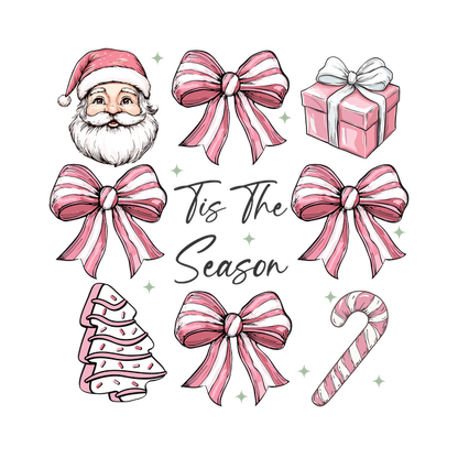 A festive collection featuring Santa, pink ribbons, a Christmas tree, candy canes, and a gift box with "Tis The Season" text. dtf transfers