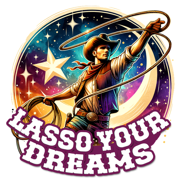 Una vibrante ilustración de un vaquero enlazando estrellas, con la inspiradora frase "Ata tus sueños" destacada.