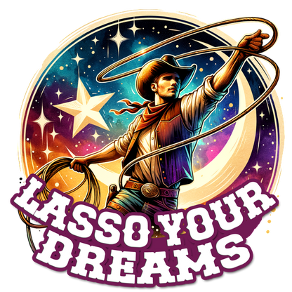 Una vibrante ilustración de un vaquero enlazando estrellas, con la inspiradora frase "Ata tus sueños" destacada.