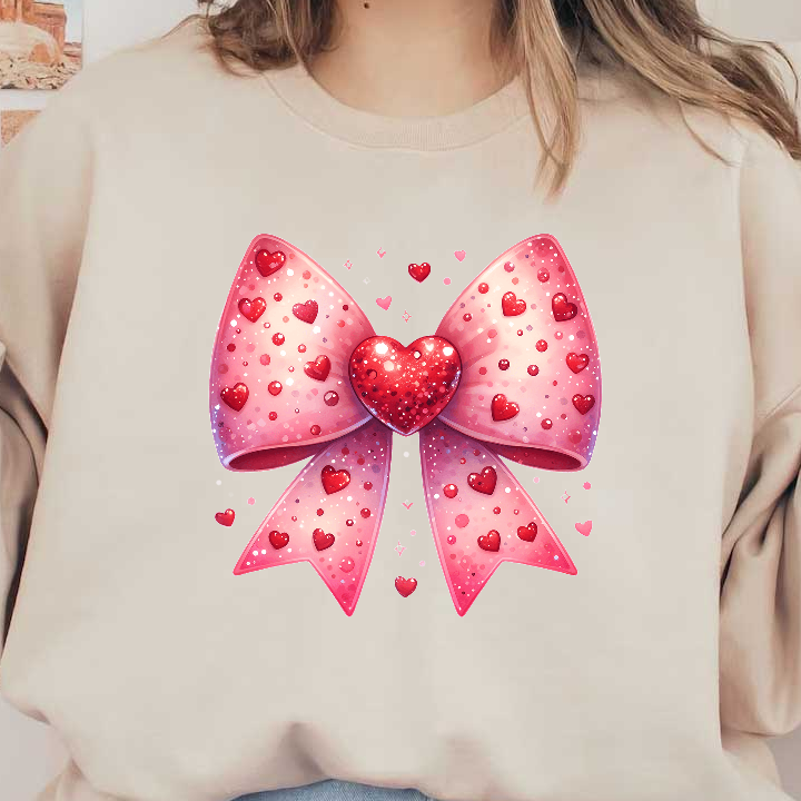 A vibrant pink bow adorned with sparkling red hearts and glitter, perfect for celebrating love and special occasions.DTF Transfers