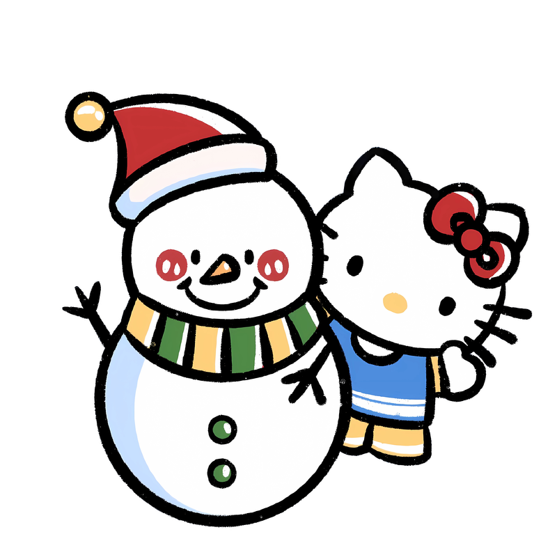 Hello Kitty joyfully poses with a cheerful snowman, both embracing the festive spirit with colorful accessories and warm smiles.DTF Transfers