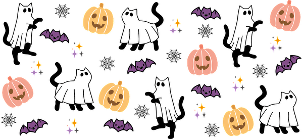 A fun Halloween-themed pattern featuring cute white ghosts, smiling pumpkins in orange and pink, and playful bats.UV Transfers dtf transfers