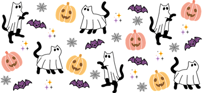 A fun Halloween-themed pattern featuring cute white ghosts, smiling pumpkins in orange and pink, and playful bats.UV Transfers dtf transfers