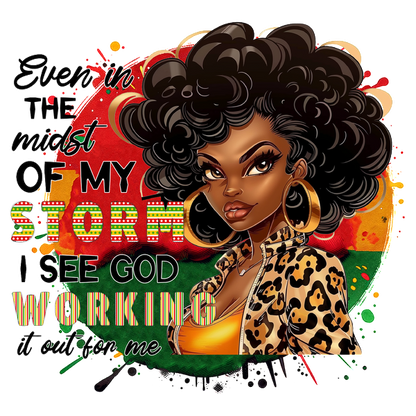 An empowering graphic featuring a confident woman with voluminous hair, adorned in a leopard print jacket, with an inspiring quote. dtf prints