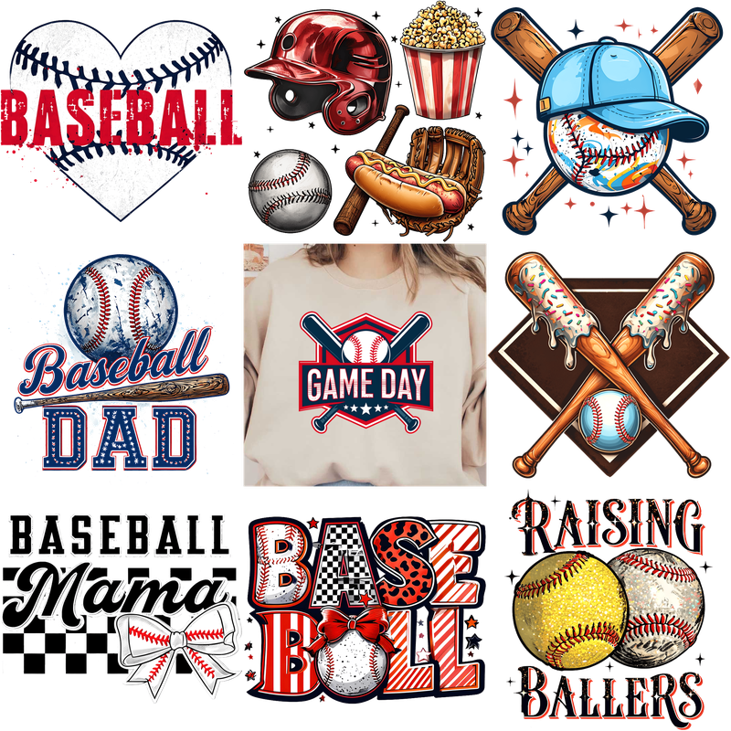 Colorful baseball-themed designs celebrating the sport and its dedicated fans!DTF Transfers