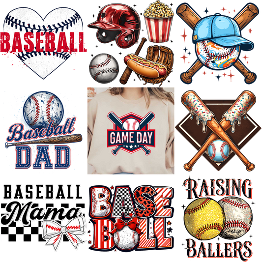 Colorful baseball-themed designs celebrating the sport and its dedicated fans!DTF Transfers