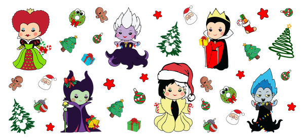 Celebrate the holidays with a fun collection of whimsical, villainous characters in festive attire surrounded by Christmas decorations!UV Transfers dtf prints