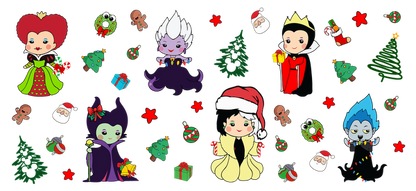 Celebrate the holidays with a fun collection of whimsical, villainous characters in festive attire surrounded by Christmas decorations!UV Transfers dtf prints