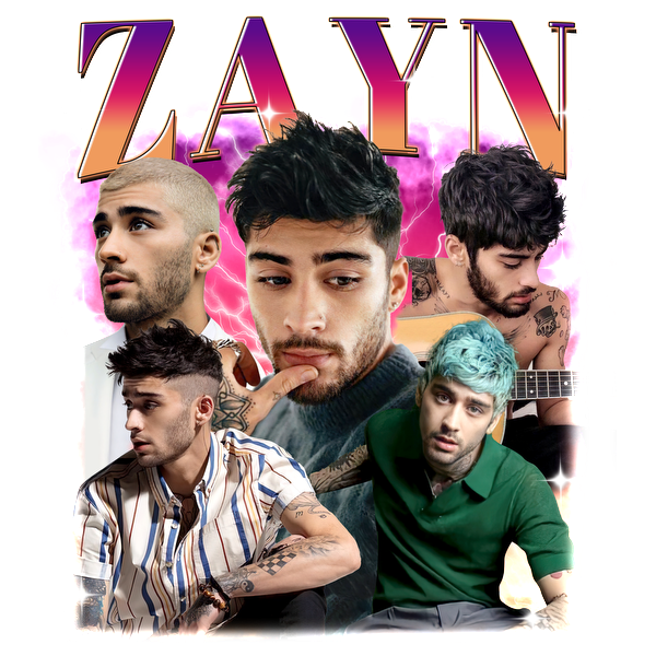 A vibrant collage of Zayn showcasing his diverse looks and styles, highlighted with colorful backgrounds and bold text.DTF Transfers heat press transfers