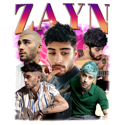 A vibrant collage of Zayn showcasing his diverse looks and styles, highlighted with colorful backgrounds and bold text.DTF Transfers heat press transfers