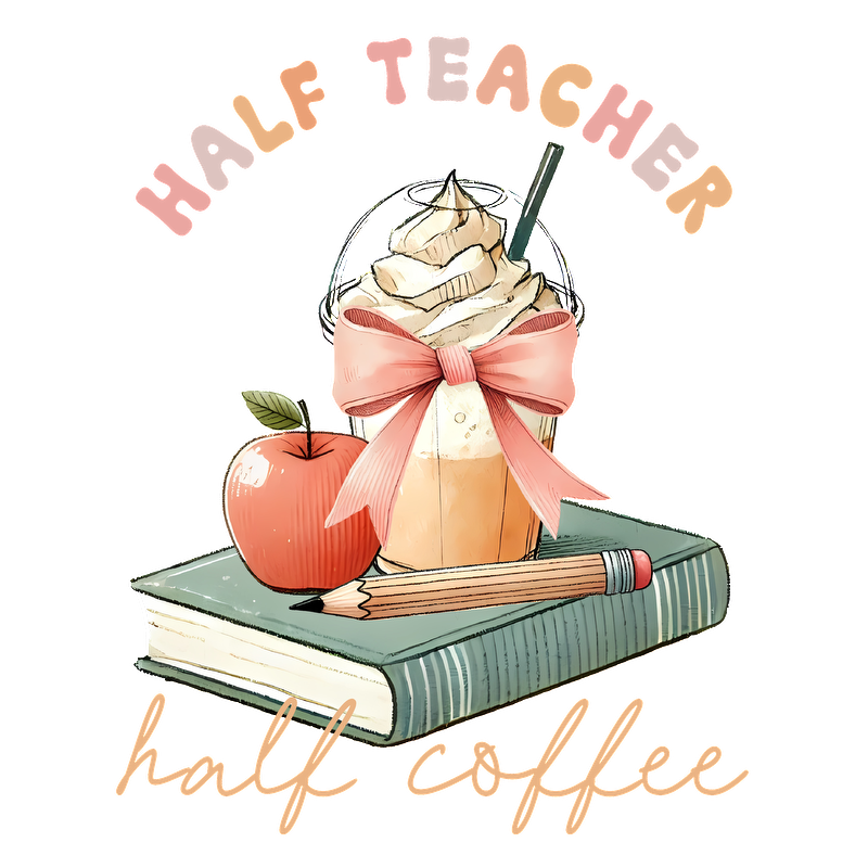 A whimsical illustration featuring a delicious coffee drink topped with whipped cream, an apple, and a pencil on a book.DTF Transfers