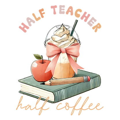 A whimsical illustration featuring a delicious coffee drink topped with whipped cream, an apple, and a pencil on a book.DTF Transfers