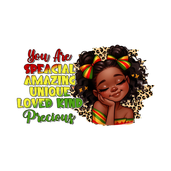 A vibrant illustration of a girl with curly hair, celebrating positivity with uplifting words like "Amazing," "Loved," and "Unique." heat press transfers