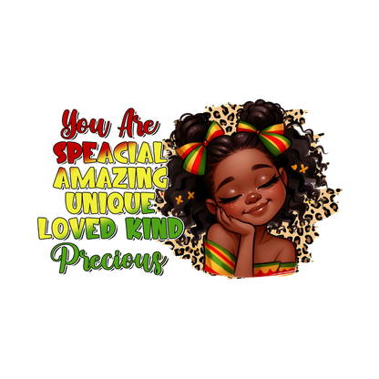 A vibrant illustration of a girl with curly hair, celebrating positivity with uplifting words like "Amazing," "Loved," and "Unique." heat press transfers