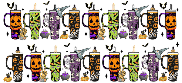 A vibrant collection of Halloween-themed mugs featuring pumpkins, witches, and spooky designs in purple, orange, and green hues.UV Transfers heat press transfers