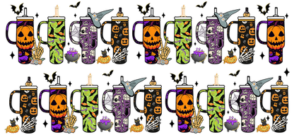 A vibrant collection of Halloween-themed mugs featuring pumpkins, witches, and spooky designs in purple, orange, and green hues.UV Transfers heat press transfers