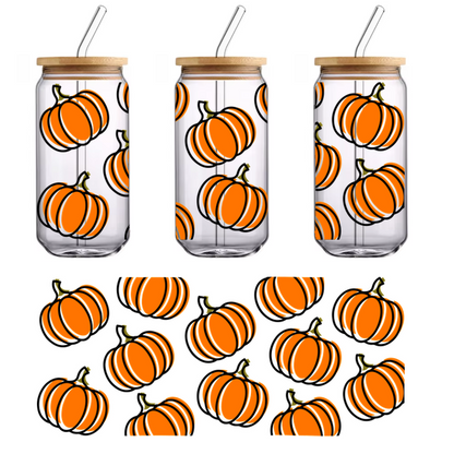 A festive pattern of bright orange pumpkins, each featuring distinctive ridges and green stems, perfect for autumn-themed decor.UV Transfers dtf prints