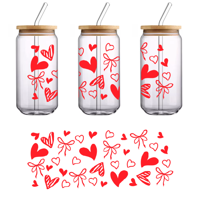 A set of decorative hearts and bows on a green background.UV Transfers