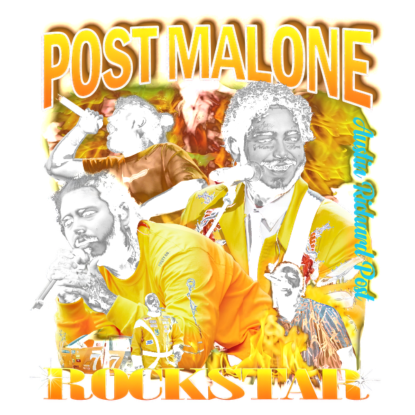 A vibrant graphic of Post Malone featuring fiery colors, showcasing his energy as a rockstar with multiple dynamic poses.DTF Transfers dtf prints