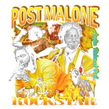 A vibrant graphic of Post Malone featuring fiery colors, showcasing his energy as a rockstar with multiple dynamic poses.DTF Transfers dtf prints