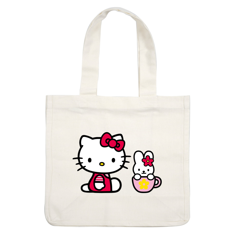 A cute illustration featuring Hello Kitty in a red outfit with a bow, alongside a bunny in a pink cup.DTF Transfers