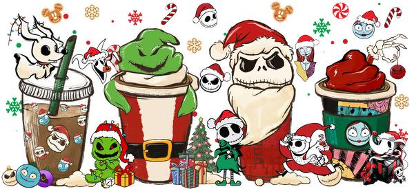 A whimsical holiday-themed design featuring festive characters in Santa hats alongside creatively decorated coffee cups, perfect for seasonal cheer!UV Transfersdtf regular iron