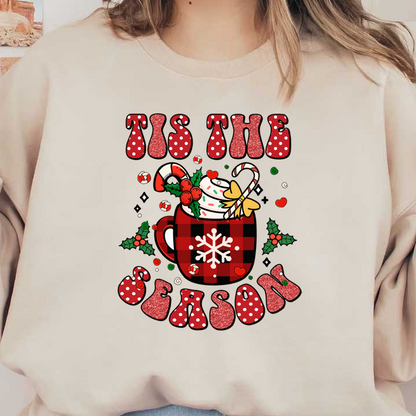 Festive "Tis the Season" design featuring a cozy plaid mug filled with candy canes and holiday accents. dtf prints