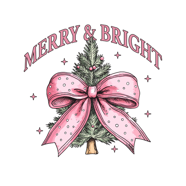 A cheerful illustration of a Christmas tree with a pink bow, accompanied by the text "Merry & Bright." heat press transfers