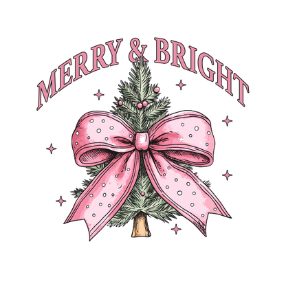 A cheerful illustration of a Christmas tree with a pink bow, accompanied by the text "Merry & Bright." heat press transfers