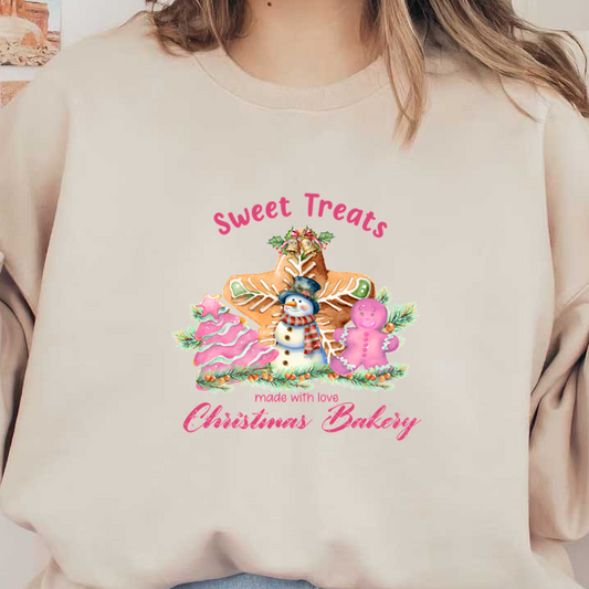 Delightful holiday-themed bakery logo featuring a snowman, gingerbread man, and Christmas tree, radiating sweet treats and festive cheer. heat press transfers