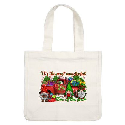 Celebrate the season with a cheerful illustration featuring gnomes, a vintage red truck, and festive gifts under a vibrant holiday message.DTF Transfers dtf transfersdtf regular iron