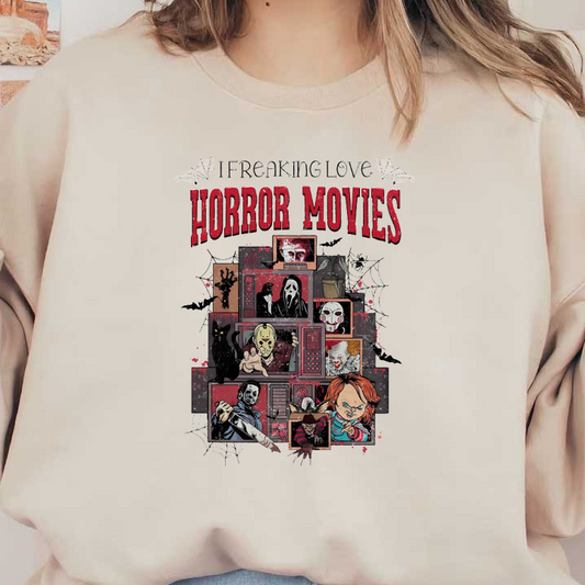 A vibrant graphic tee featuring iconic horror movie characters, adorned with the text "I Freaking Love Horror Movies" in bold red. dtf transfers