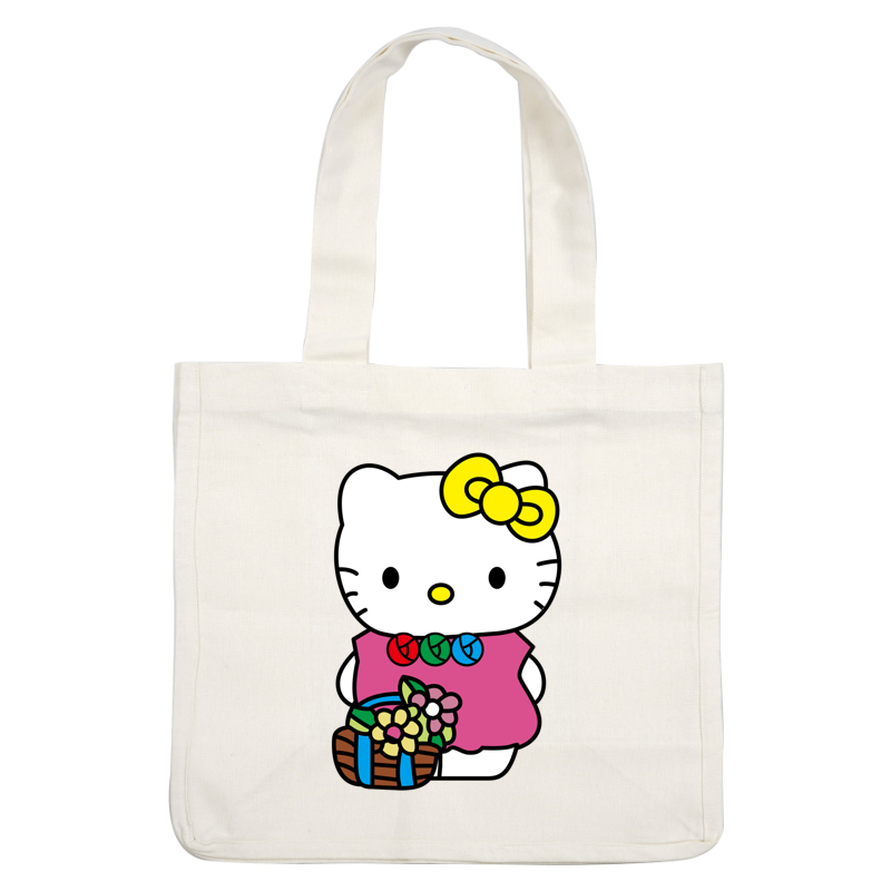 Meet Hello Kitty, wearing a cute pink dress adorned with colorful candies, and holding a basket of vibrant flowers!DTF Transfers