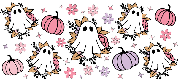 A playful pattern featuring cute ghosts surrounded by colorful flowers and pastel pumpkins, perfect for a whimsical Halloween theme.UV Transfersdtf regular iron