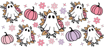 A playful pattern featuring cute ghosts surrounded by colorful flowers and pastel pumpkins, perfect for a whimsical Halloween theme.UV Transfersdtf regular iron