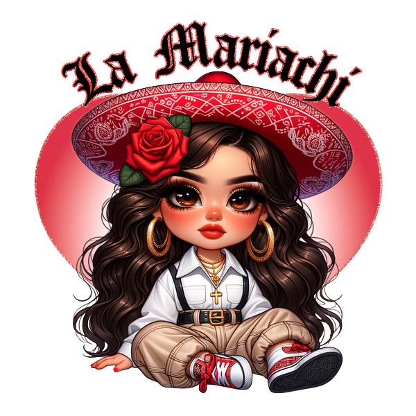 Un simpático personaje de dibujos animados con aspecto de mariachi, que viste un sombrero de ala ancha adornado con una rosa y un atuendo moderno.