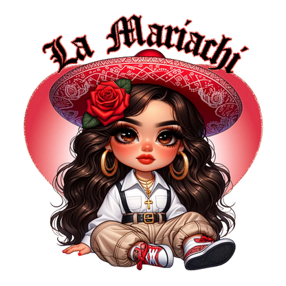 Un simpático personaje de dibujos animados con aspecto de mariachi, que viste un sombrero de ala ancha adornado con una rosa y un atuendo moderno.