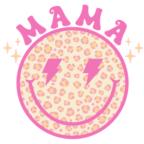 A vibrant smiley graphic featuring leopard print and lightning bolts, topped with the playful word "MAMA" in pink.dtf regular iron