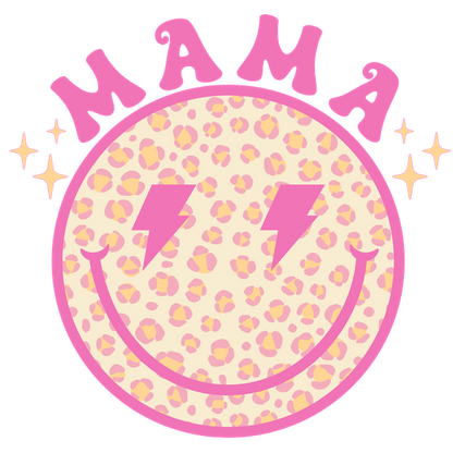 A vibrant smiley graphic featuring leopard print and lightning bolts, topped with the playful word "MAMA" in pink.dtf regular iron