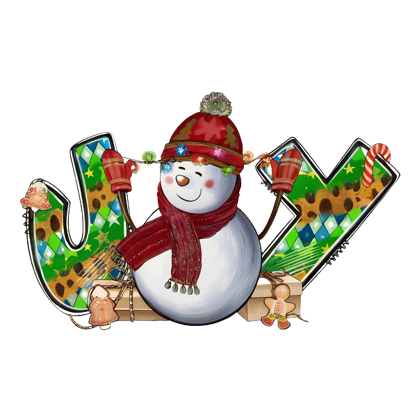 A cheerful snowman in festive attire, surrounded by colorful decorations, embodies the joyful spirit of the holiday season. dtf prints