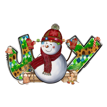 A cheerful snowman in festive attire, surrounded by colorful decorations, embodies the joyful spirit of the holiday season. dtf prints