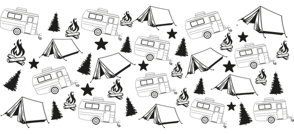 A whimsical pattern featuring retro campers, tents, trees, and stars, perfect for camping enthusiasts and outdoor adventures.UV Transfersdtf regular iron