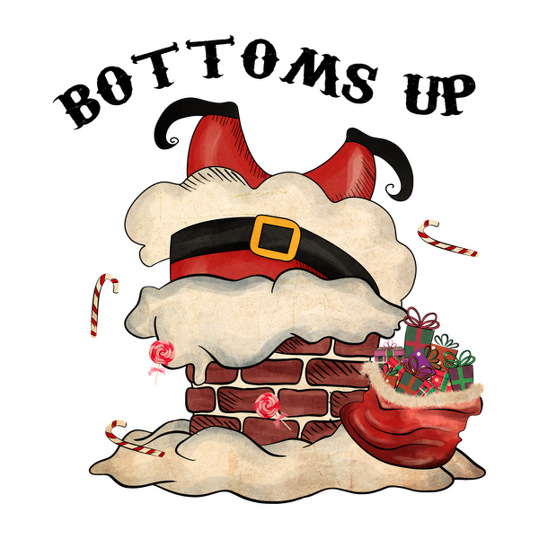 A festive illustration of Santa's hat peeking from a chimney, surrounded by candy canes and a sack of colorful gifts. dtf transfers dtf prints