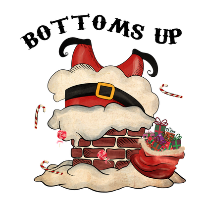 A festive illustration of Santa's hat peeking from a chimney, surrounded by candy canes and a sack of colorful gifts. dtf transfers dtf prints