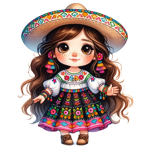 A charming young girl in vibrant traditional attire, adorned with floral patterns and a wide-brimmed sombrero, exudes cultural beauty. heat press transfers