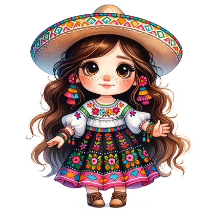 A charming young girl in vibrant traditional attire, adorned with floral patterns and a wide-brimmed sombrero, exudes cultural beauty. heat press transfers